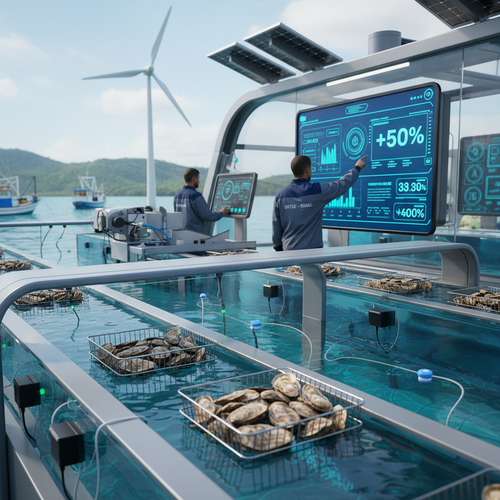 High-tech oyster aquaculture facility with automated monitoring systems and mechanized processing equipment in coastal setting