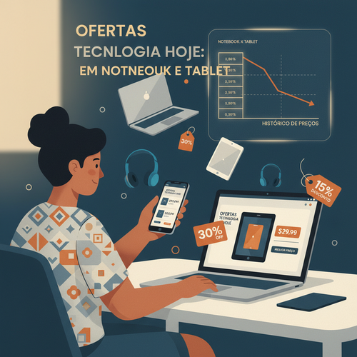 Illustration of tech price comparison with devices, discounts, and shopping elements for Brazilian e-commerce guide