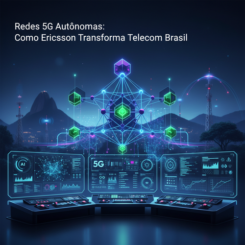 AI-powered autonomous network control center with glowing 5G/6G infrastructure and real-time optimization dashboards