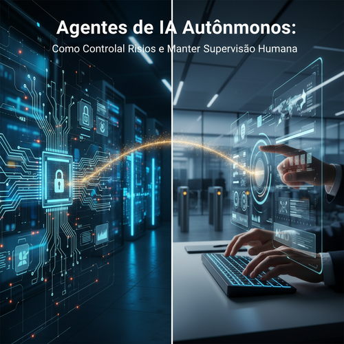 Split-screen showing AI automation controlled by human oversight in modern corporate environment
