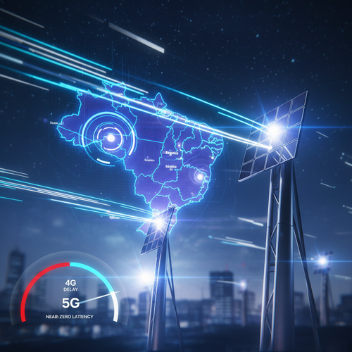 Modern 5G antenna towers transmitting high-speed data signals with glowing beamforming rays across Brazil