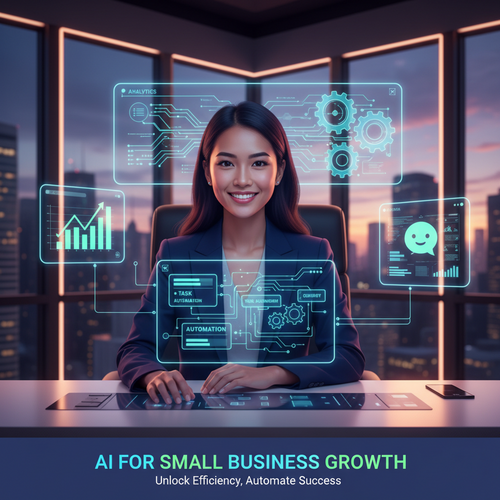 Small business owner surrounded by holographic AI automation interfaces and data analytics dashboards, representing digital transformation and operational efficiency.