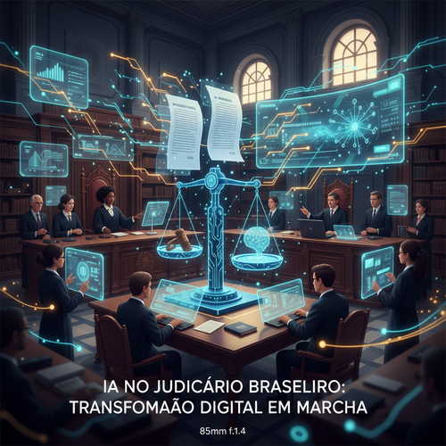 Digital transformation in Brazilian courts: judges using AI technology alongside traditional judiciary elements with data visualizations.