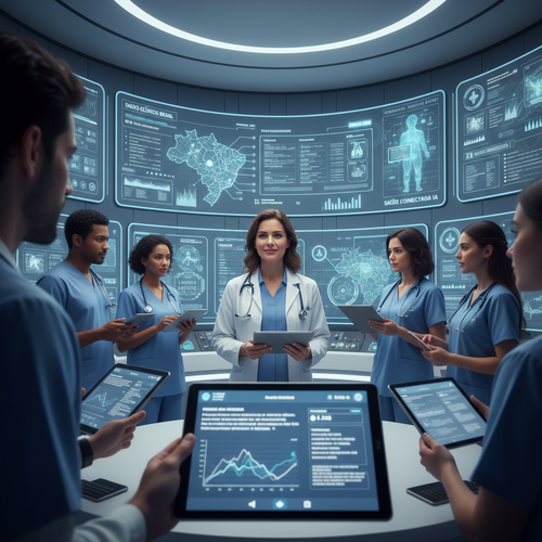 Digital healthcare transformation in Brazil: doctor using electronic health records and AI analytics on modern hospital screens, showing connected medical data and patient care insights.