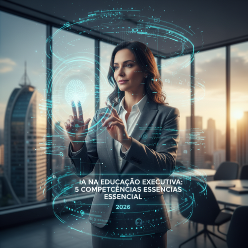 Executive surrounded by glowing AI data visualizations and neural networks in modern corporate environment