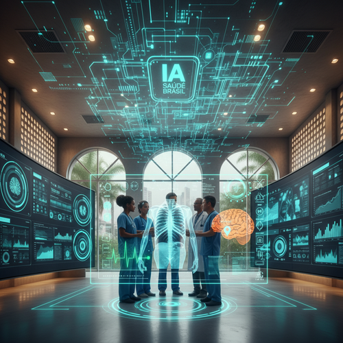 AI and data analytics transforming Brazilian healthcare with medical professionals using digital dashboards and AI-powered diagnostic systems.