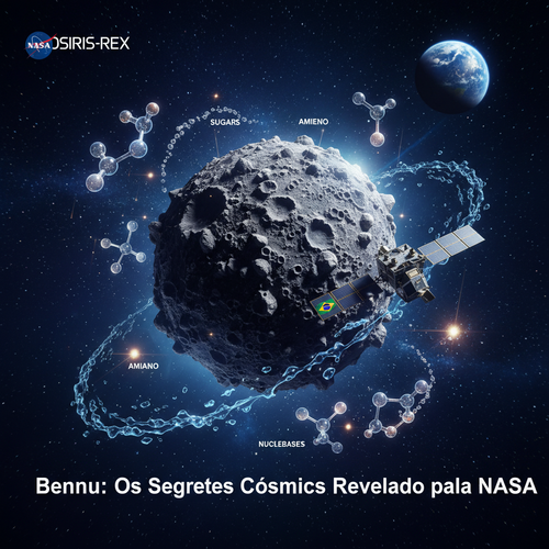 Asteroid Bennu orbited by NASA spacecraft with glowing organic molecules and cosmic elements surrounding it against starry space.