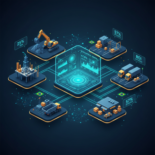 AI transformation dashboard showing Brazilian industrial operations with real-time analytics, ROI metrics, and connected infrastructure icons.