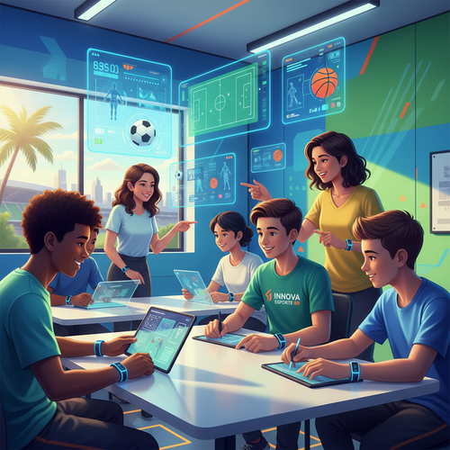 Diverse Brazilian students and teachers using technology and wearables in a modern classroom with sports equipment and AI interfaces.