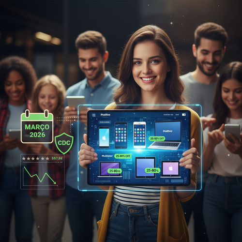 Brazilian consumer shopping tech in March with discount offers and consumer protection symbols displayed.