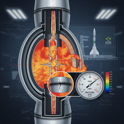 Technical illustration of rocket seal failure showing combustion chamber breach and forensic investigation details with thermal imaging and magnified gasket components.