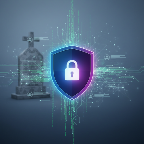 Digital shield protecting data and inheritance with memorial stone and tech elements in modern design