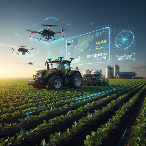High-tech farm with precision agriculture technology, drones, GPS-equipped tractors, and real-time data monitoring systems