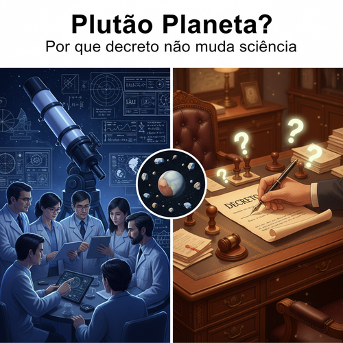 Scientific collaboration versus political decrees: astronomers at work versus bureaucratic desk with Pluto in center.