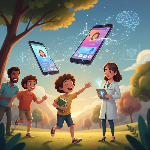 Child breaking free from screens, surrounded by healthy activities and family interaction in warm sunlight.