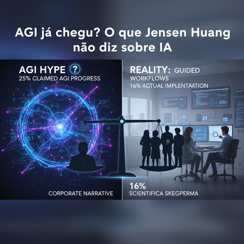 Split-screen illustration contrasting AI hype (neon networks) versus reality (practical workplace), balanced by competing narratives.