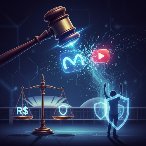 Gavel striking social media icons with protective shields around youth figure, representing Meta and YouTube legal accountability.