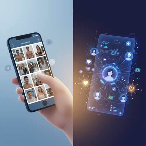 Split-screen comparison: traditional dating app swipes versus AI-powered intelligent matching with neural networks and real connections
