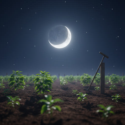 Waxing moon 60-70% illuminated above a thriving garden with emerging plants under starlit sky.