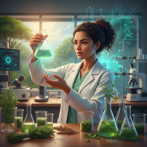 Scientist examining sustainable silver nanoparticles with plant extracts in modern green chemistry laboratory.