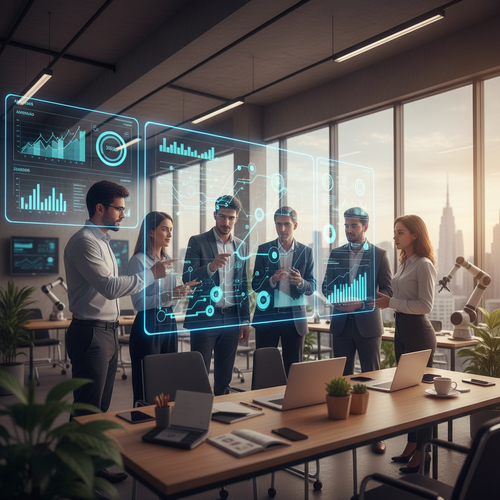 Team collaborating with AI dashboard showing data visualization, automation, and business metrics in modern office