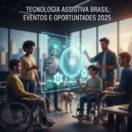 Diverse people with disabilities collaborating around digital technology hub with AI and assistive tech symbols