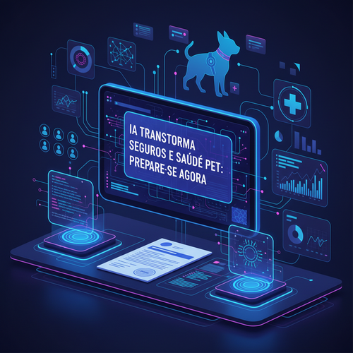 Digital AI dashboard with insurance data analysis, risk assessment, and pet health monitoring visualizations in modern blue and purple colors.