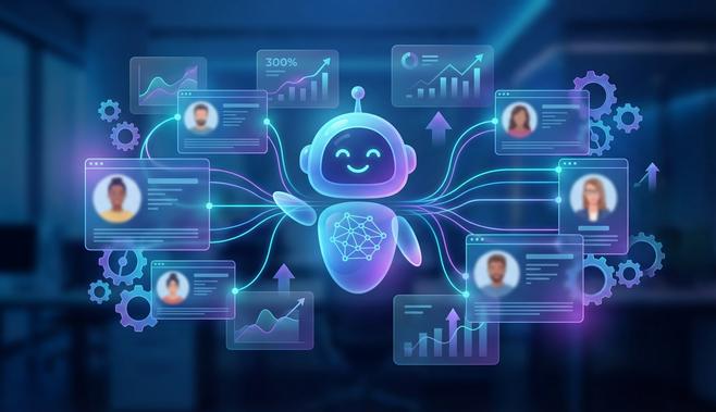AI chatbot serving multiple customers simultaneously with data flows and ROI metrics displayed.