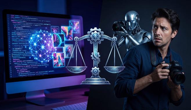 Split illustration showing AI generation on left versus human photographer on right, balanced by scales of justice in center.