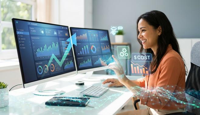 Small business owner using AI dashboards for automation, data analysis, and cost reduction with modern tech interface.