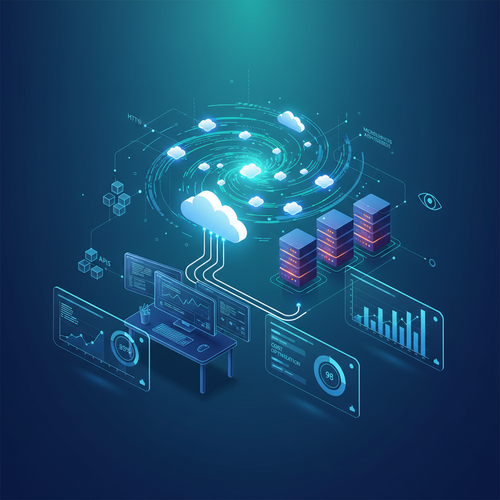 Developer integrating machine learning APIs into cloud infrastructure with real-time monitoring dashboards and data flow visualization.