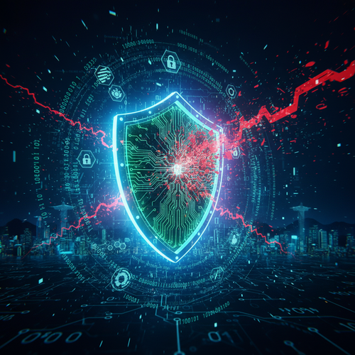 Digital shield with AI patterns protecting against red cyber threats and code attacks on dark tech background