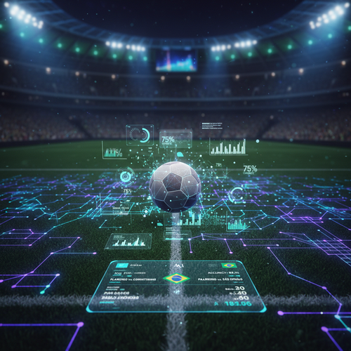 Holographic AI data visualization overlaying a soccer field with neural networks and predictive statistics in blue and purple tones.