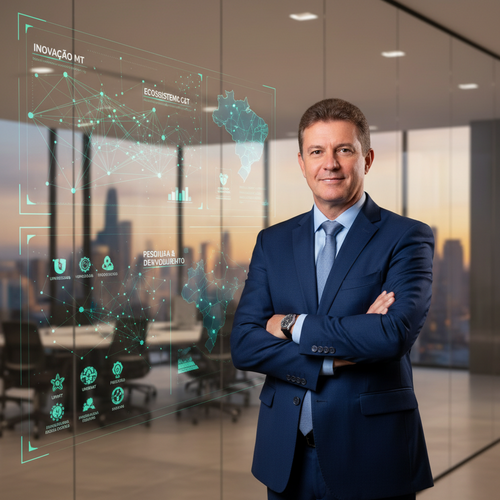 Professional portrait of new science and technology secretary in modern office with innovation networks displayed behind