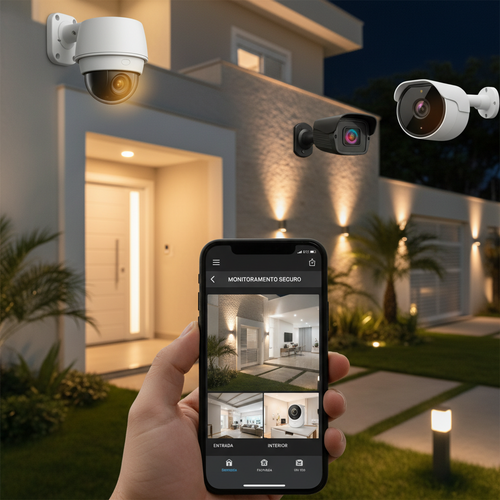Modern security camera system with Full HD cameras mounted on house exterior and smartphone showing live monitoring app.