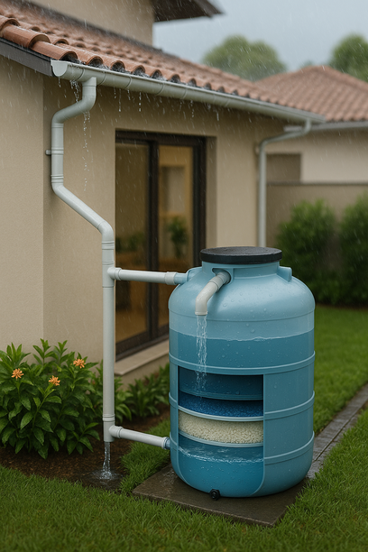 Residential rainwater harvesting system with gutters, filter, and cistern collecting water for household use.
