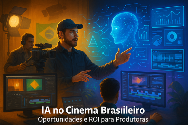 Brazilian film studio with human creators and AI technology working together in modern production workflow