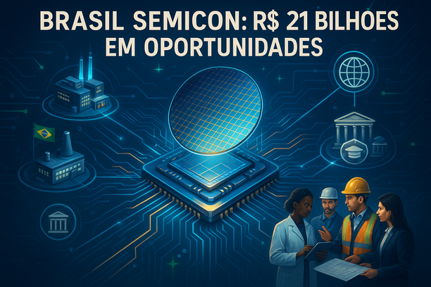 Brazil's semiconductor ecosystem: microchip innovation, global partnerships, and skilled workforce development illustrated with modern tech design.
