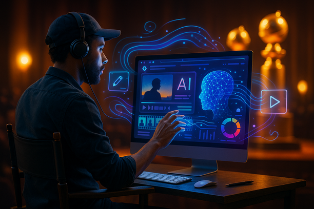 Director collaborating with AI creative tools, golden globes and film production technology integration in background.
